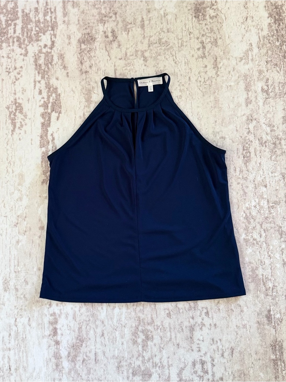 Chelsea & Theodore Navy Blue Halter Blouse Pleated Keyhole Top Large